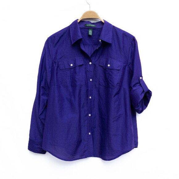 Ralph Lauren Shirt Women’s 1X Purple Cotton Silk Button Up Blouse Preppy Classic - Picture 7 of 7